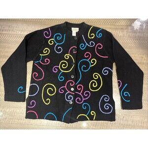 Coldwater Creek Womans Medium Black Swirl 100% Wool Button Cardigan Sweater